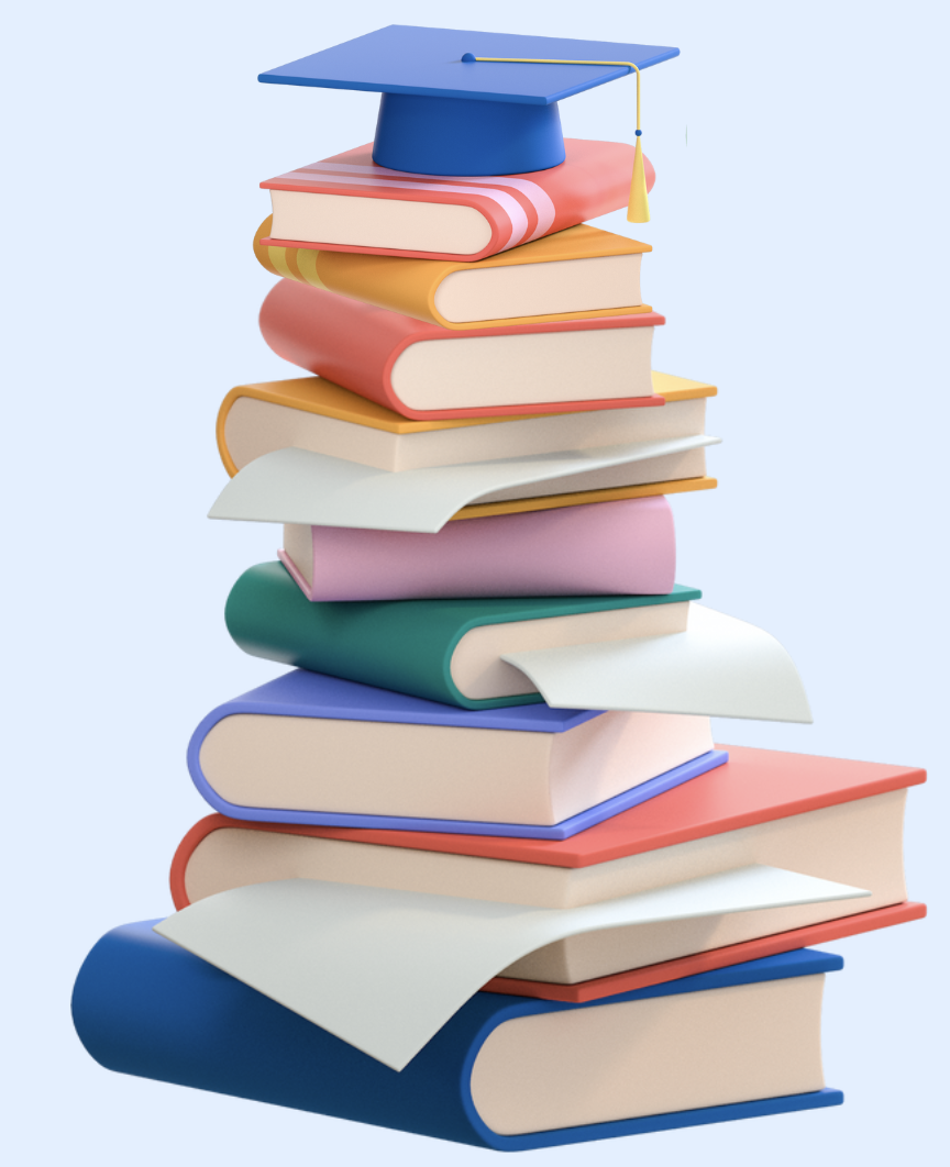 Pile de livres avec chapeau de graduation et crayon — apprentissage de l'anglais